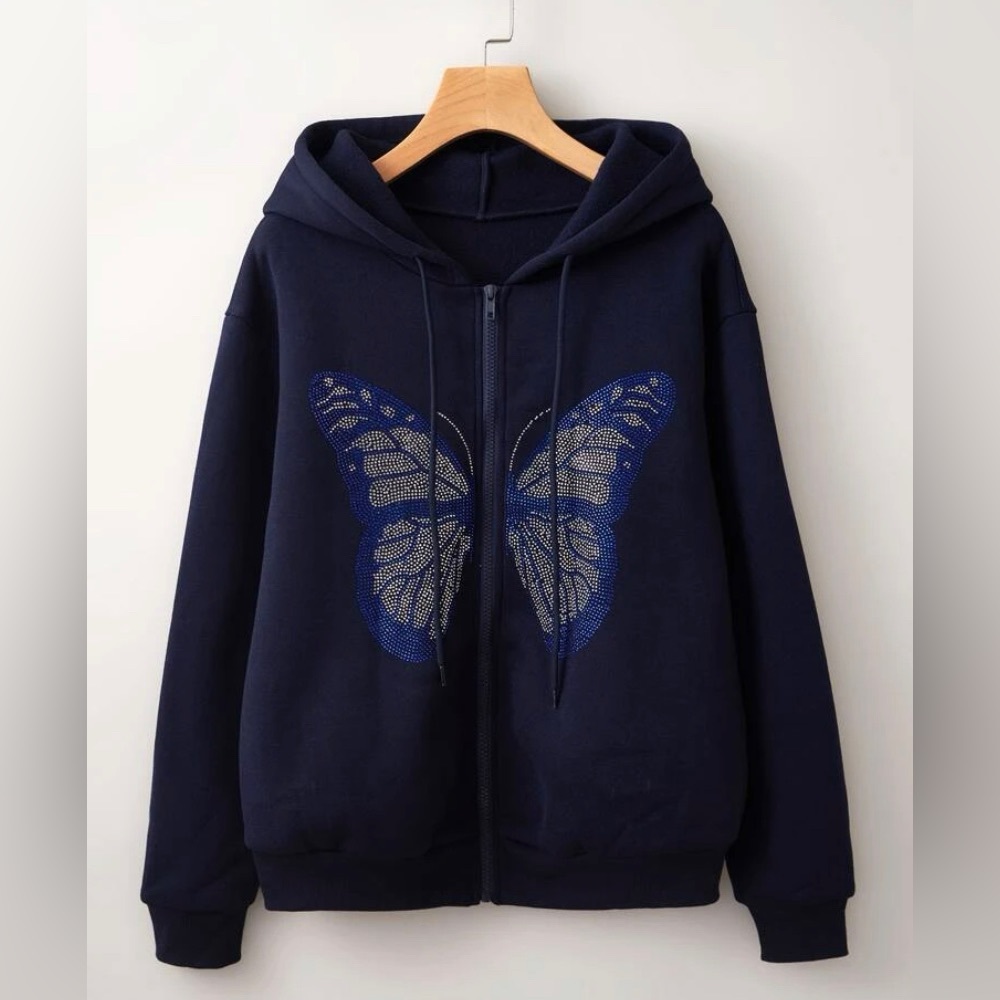 Rhinestone Butterfly Kangaroo Pocket Thermal Lined Zip-up Hoodie